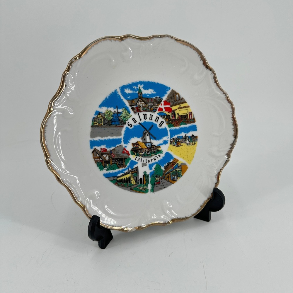 Solvang California Souvenir Plate Gold Scalloped Rim MM Japan Porcelain Windmill